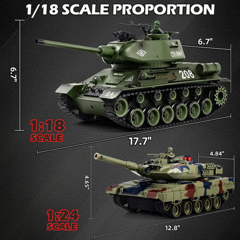 T34 RC Tank Replica With Dope Smoke And Lights, Realistic Engine Roars, All Terrain 1/18 Scale Metal Tracks image