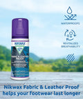 Bottle of Nikwax Fabric And Leather Proof Spray For Boots, emphasizing water repellency and breathability, on outdoor background.