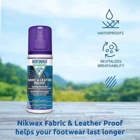 Bottle of Nikwax Fabric And Leather Proof Spray For Boots, emphasizing water repellency and breathability, on outdoor background.