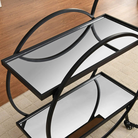 Close-up of the Modern Black Two Tier Bar Cart With Mirror Trim And Metal Frame, showcasing mirrored surfaces.