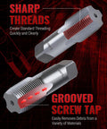 6 Piece NPT Pipe Tap Set For One Inch, Three Quarters, One Half, Three Eighths, One Quarter, And One Eighth Inch Taps, High Carbon Chrome Steel Hand Threading Plumbing Tools For Clean Accurate Threads, DIY Ready showing detailed sharp threads and grooved screw tap design.