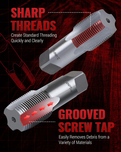 6 Piece NPT Pipe Tap Set For One Inch, Three Quarters, One Half, Three Eighths, One Quarter, And One Eighth Inch Taps, High Carbon Chrome Steel Hand Threading Plumbing Tools For Clean Accurate Threads, DIY Ready showing detailed sharp threads and grooved screw tap design.