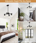 Four Light Black Farmhouse Chandelier With Adjustable Height Pendant Lighting For Dining Rooms in modern spaces with glass globes.
