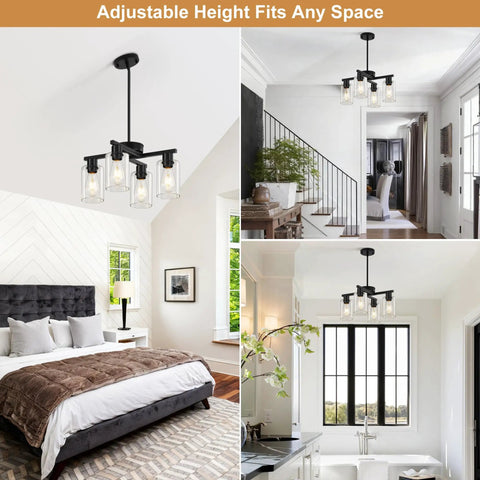 Four Light Black Farmhouse Chandelier With Adjustable Height Pendant Lighting For Dining Rooms in modern spaces with glass globes.