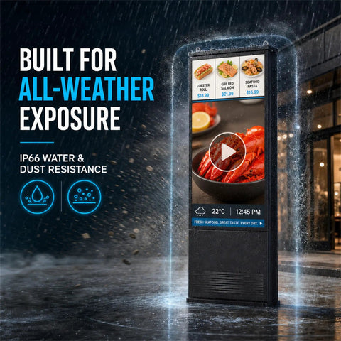 55 Inch Outdoor Digital Signage Kiosk With 3000 Nits Sun Crushing Lcd Display Ip66 Waterproof Rock Solid Frame Vandal Resistance Tough As Nails Panel Runs Around The Clock For Business Marketing in rain, showcasing bright seafood menu.