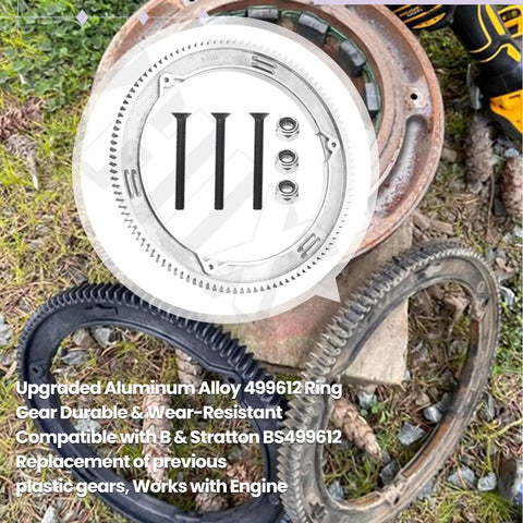 Upgraded Aluminum Alloy Ring Gear 499612 Replacement For Small Engines And Lawn Tractors, displayed with accessories