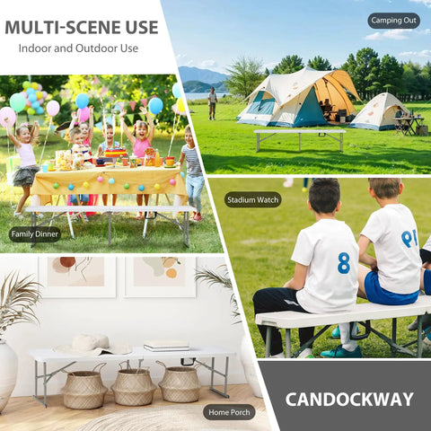 Heavy Duty 6ft Folding Bench With Secure Handle Lock Waterproof Patio Seat Two Pack Built Tough Easy Fold Design used for family gatherings and outdoor activities.