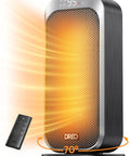 Quiet 1500W Space Heater With Remote, Oscillating 70 Degrees, safe electric heater with 12 hour timer, visible in black and silver