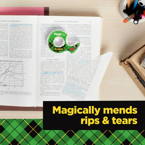 Open book with torn page, Three Roll Dispenser Pack Invisible Clear Tape for quick repairs shown mending page at desk.