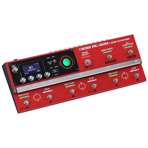 Red Next Gen Floor-Based Loop Station for Musicians with 6 real-time loops and customizable controls, angled view.