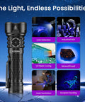 Rechargeable 365nm UV Blacklight Flashlight With ZWB2 Filter IPX8 Waterproof showing multiple uses like leak detection and scorpion hunting.