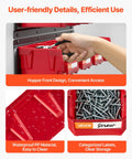Kick Some Clutter To The Curb With This Rock Solid Set Of Twelve Wall Mounted Plastic Storage Bins And Three Heavy Duty Rails, showing red bins with screws.