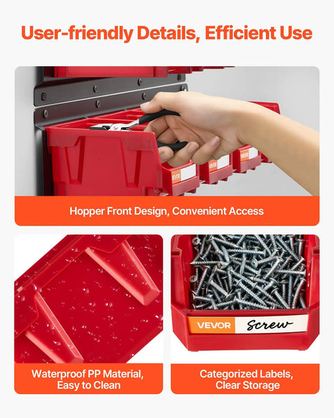 Kick Some Clutter To The Curb With This Rock Solid Set Of Twelve Wall Mounted Plastic Storage Bins And Three Heavy Duty Rails, showing red bins with screws.