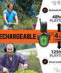 Upgraded Bluetooth Hearing Protection Headphones With AM FM Radio, 31 SNR Noise Reduction, 50 Hour Battery Life For Mowing, Snowblowing And Yard Work, Long Lasting Rechargeable Battery, Orange shown in use during outdoor work