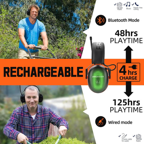 Upgraded Bluetooth Hearing Protection Headphones With AM FM Radio, 31 SNR Noise Reduction, 50 Hour Battery Life For Mowing, Snowblowing And Yard Work, Long Lasting Rechargeable Battery, Orange shown in use during outdoor work