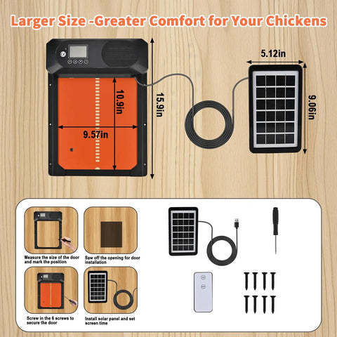 Diagram of Solar Powered Automatic Chicken Coop Door With Remote Timer And Light Sensor Anti Pinch Safety Waterproof Aluminum Housing With LED Display And Easy USB Charge Before First Use, showing installation instructions and dimensions.