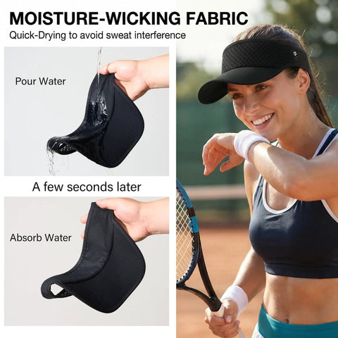 Moisture Wicking Sun Visor Hat With Adjustable Strap For Running shown absorbing water, worn by a woman playing tennis.