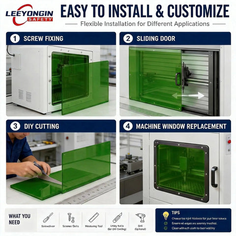 Premium Dual Band Laser Safety Window Featuring Heavy Duty Optical Glass Shield Built Real Tight For Protecting 450Nm And 1064Nm Fiber Laser Cabinets OD6 Rating For Maximum Eye Care On Any Setup That Slaps Hard, showing installation process.
