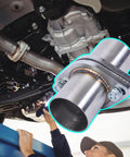 Mechanic installing Two Point Five Inch Exhaust Flange Repair Pipe Kit With 2 Bolt Stainless Steel Plug And Play Quick Fix Gasket Bolt And Hardware 63mm ID To Two Point Five Inch OD Universal Fit For Cars Trucks Buses And Heavy Duty Exhaust Systems