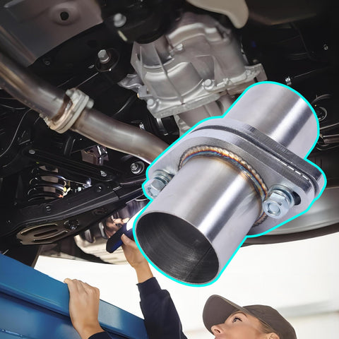 Mechanic installing Two Point Five Inch Exhaust Flange Repair Pipe Kit With 2 Bolt Stainless Steel Plug And Play Quick Fix Gasket Bolt And Hardware 63mm ID To Two Point Five Inch OD Universal Fit For Cars Trucks Buses And Heavy Duty Exhaust Systems