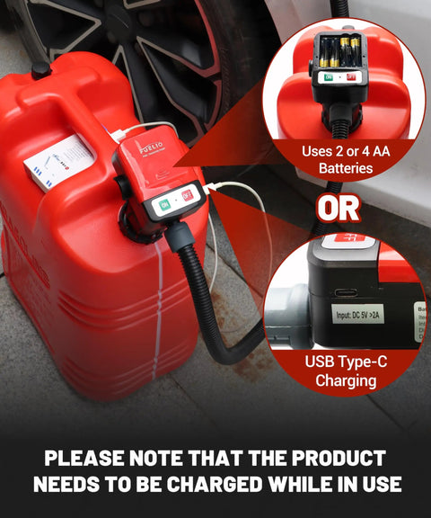 USB Charged Electric Fuel Transfer Pump For Gas Cans And Jugs illustrating battery and USB Type-C charging options with red gas can