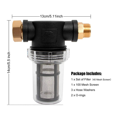 Inline Garden Hose Filter Set For Pressure Washer Inlet Water With 100 Mesh And 40 Mesh Screens package contents