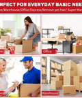 Collage of clear packing tape used at home, office, express delivery, and warehouse settings with boxes packed.