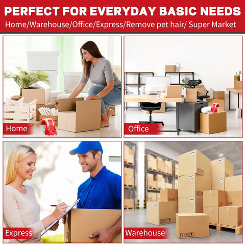 Collage of clear packing tape used at home, office, express delivery, and warehouse settings with boxes packed.