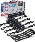 Heavy Duty Auto Retractable Ratchet Straps 4 Pack, 1 Inch Wide By 6 Feet Long, 1500 Lb Break Strength displayed with packaging