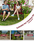 Two Person Swing Glider Chair With Center Tempered Glass Table Outdoor Patio Rocking Loveseat On Steel Frame With Breathable Mesh Fabric Perfect Balcony Or Poolside Seating In Burgundy in garden setting