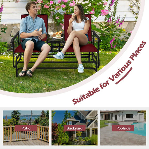 Two Person Swing Glider Chair With Center Tempered Glass Table Outdoor Patio Rocking Loveseat On Steel Frame With Breathable Mesh Fabric Perfect Balcony Or Poolside Seating In Burgundy in garden setting