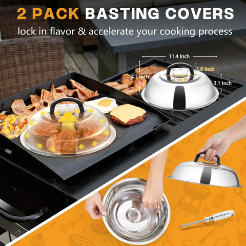 Griddle Accessories Kit 20 Piece Flat Top Grill Tools Set With Spatulas And Melting Dome For Camping Teppanyaki BBQ Outdoor Cooking Heavy Duty ABS Griddle Spatulas Great Gift For Grillin Enthusiasts, stainless steel dome shown covering food on grill