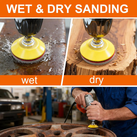 64 Piece 2 Inch Sanding Disc Pad Kit With Hook And Loop Backing, Grit Range 180 To 3000, shown sanding wood and metal surfaces