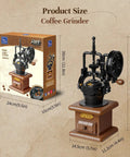 Vintage Hand Crank Coffee Grinder Building Blocks Set With Moving Gears And Hidden Mini Coffee Shop Scene For Desk Decor Retro Mechanical Model Kit For Adults And Teens Totally Cool Coffee Vibe, showing package and assembled grinder with size dimensions.