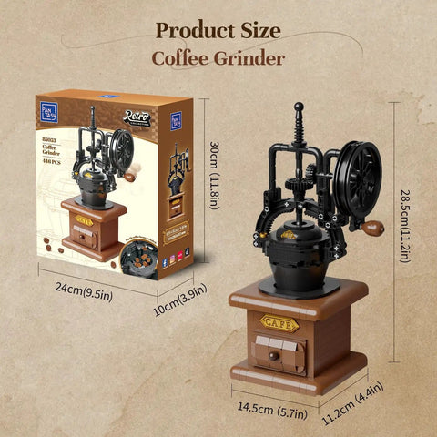 Vintage Hand Crank Coffee Grinder Building Blocks Set With Moving Gears And Hidden Mini Coffee Shop Scene For Desk Decor Retro Mechanical Model Kit For Adults And Teens Totally Cool Coffee Vibe, showing package and assembled grinder with size dimensions.
