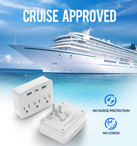 Foldable Travel Power Strip With USB C Outlets Non Surge Protector 3.4A Total Multi Plug Wall Socket for Cruise Ship Use