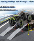 Heavy Duty 74 Inch Atv Ramps 2 Pack With Hella Secure Anti Slip Grip and Rock Solid Stability For Pickup Trucks loading UTV on truck bed.