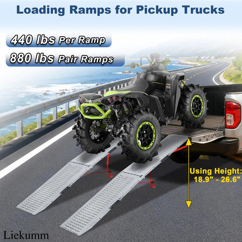 Heavy Duty 74 Inch Atv Ramps 2 Pack With Hella Secure Anti Slip Grip and Rock Solid Stability For Pickup Trucks loading UTV on truck bed.