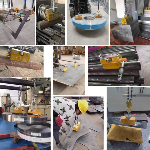 Heavy Duty Permanent Magnet Lifter With Quick Release Handle For 6600 Pound Steel Plates And Round Bar Hoist Tool in use with various steel plates.
