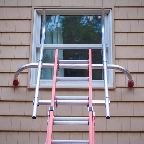 Extension Ladder Standoff Stabilizer Featuring Walk Through Safety Rails For Legit Fall Protection And Hella Smooth Footing On Uneven Sides Or Nasty Rooftop Edges