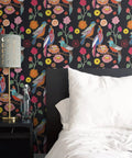 Bedroom wall with Dark Parrot Floral Peel And Stick Wallpaper 17.7 Inch Wide By 78.7 Inch Long, Vintage Exotic Birds And Flowers Pattern