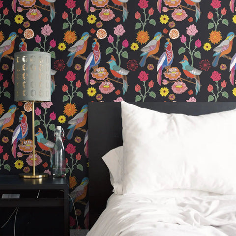 Bedroom with Vintage Parrot Floral Peel And Stick Wallpaper With Dark Background Self Adhesive Vinyl Roll 17.7 By 315 Inches