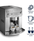 Premium Super Automatic Espresso And Coffee Maker With Integrated Burr Grinder Bean To Cup Brewing Silver Model showcasing dual cups of espresso.