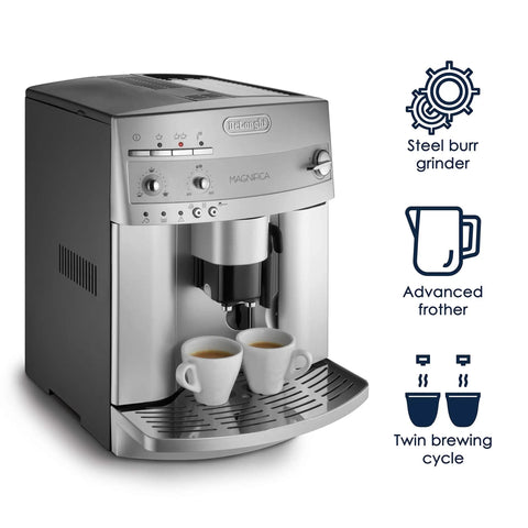 Premium Super Automatic Espresso And Coffee Maker With Integrated Burr Grinder Bean To Cup Brewing Silver Model showcasing dual cups of espresso.