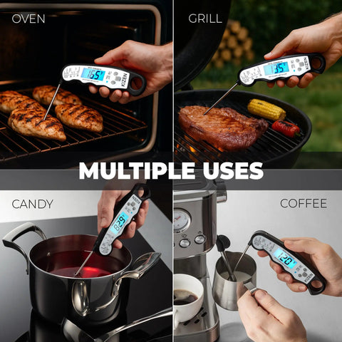 Instant Read Digital Meat Thermometer For Cooking And Grilling With 3 Second Speed IP67 Waterproof Large Backlit Display Magnetic Back shown in oven, grill, candy, and coffee use.