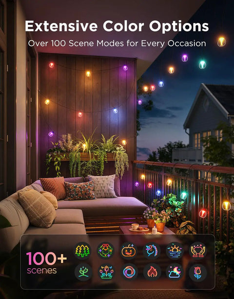 Clear Bulb Outdoor String Lights, 96ft RGBWIC Dimmable Patio And Backyard Lighting With 30 LEDs, 111 Modes, IP67 Waterproof, AI Scene.