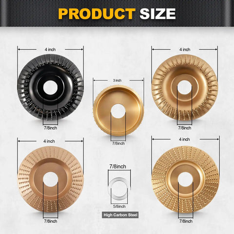 Five Piece Wood Carving Disc Set For 4 Inch And 4 And A Half Inch Angle Grinders With Five Eighth Inch Adapters, disc sizes shown