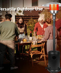 Powerful 50,000 BTU Propane Patio Heater On Wheels For Backyard Hangouts And Outdoor Dining next to outdoor dining setup