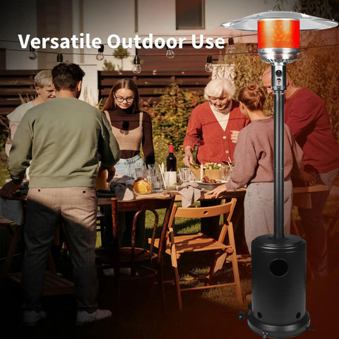 Powerful 50,000 BTU Propane Patio Heater On Wheels For Backyard Hangouts And Outdoor Dining next to outdoor dining setup