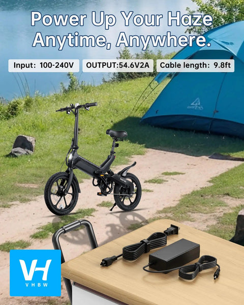 54.6V Electric Bike Charger For Jetson Haze Ride Ready Plug And Go E Bike Models JHAZE BLK JHAZE CAN BLK JHAZE BLK OB JHAZE BLK RA Replacement For JY 546150 With Stable 2A Output shown with foldable e-bike near tent